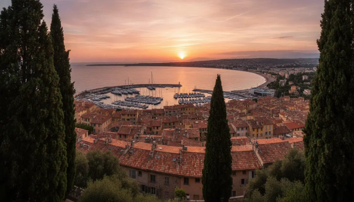 Sunset view from Colline du Château over Vieux Nice and Nice harbor on French Riviera