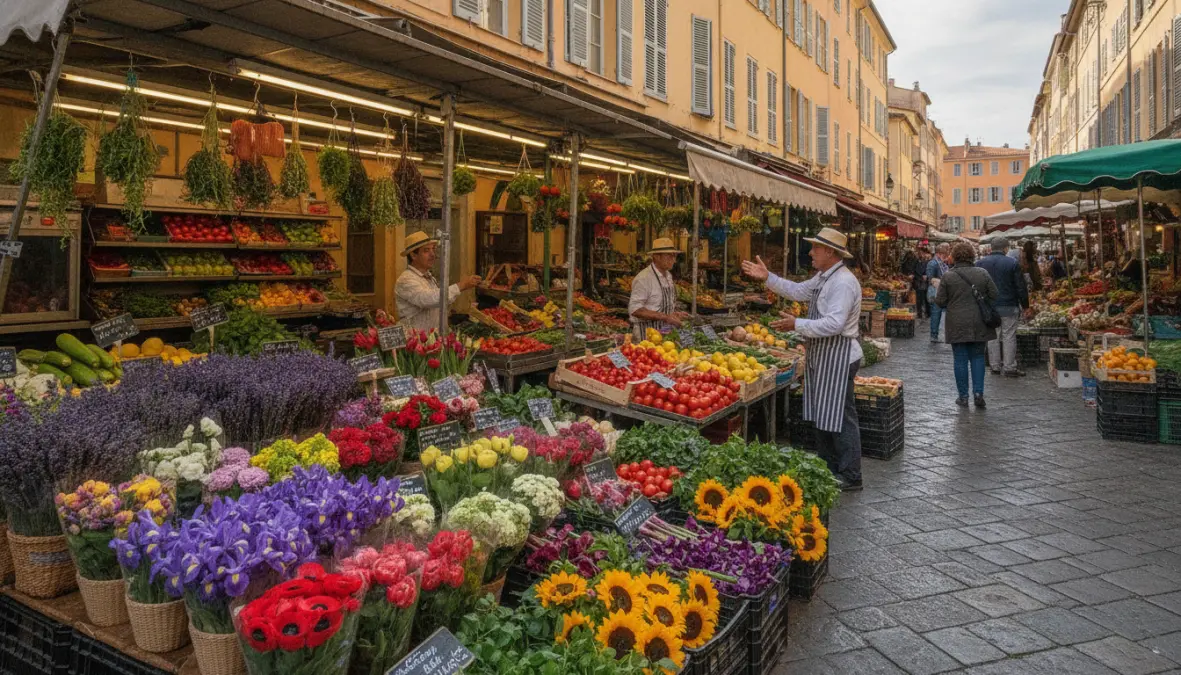 Cours Saleya morning market in Vieux Nice with flowers and local produce