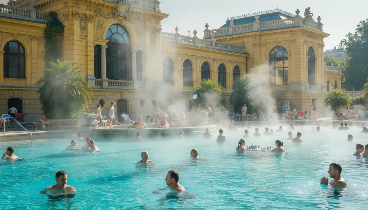 Szechenyi thermal baths outdoor pool in Budapest with neo-baroque building