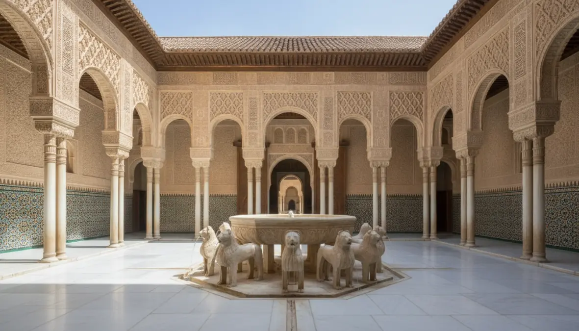 Court of the Lions fountain in Nasrid Palaces at Alhambra Granada showing Moorish architecture