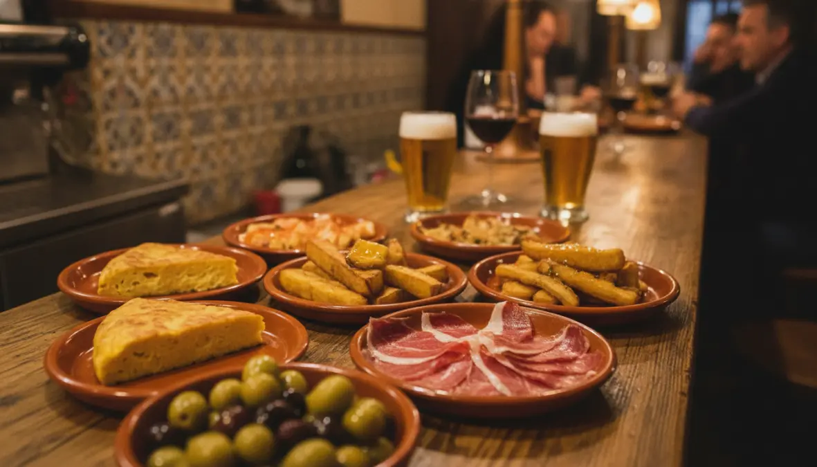 Traditional free tapas plates served at Granada tapas bar with drinks showcasing Andalusian cuisine