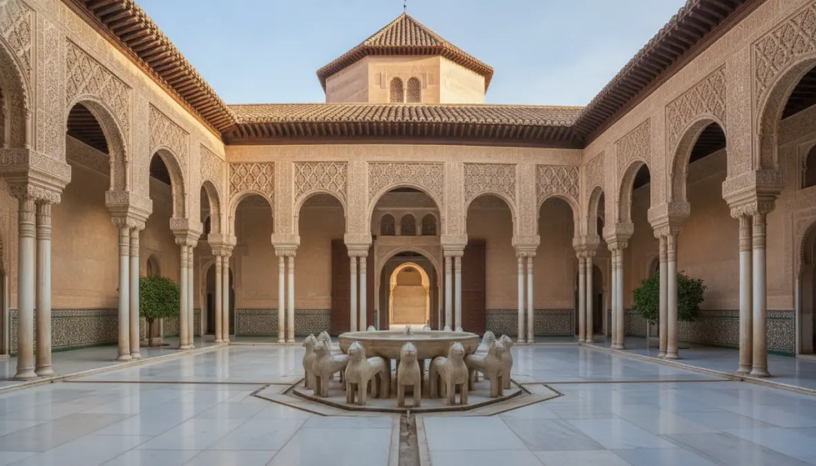 Court of the Lions inside Nasrid Palaces at Alhambra Palace Granada showing Moorish architecture