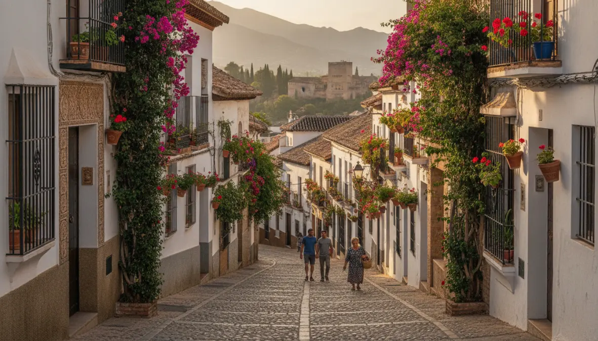 Traditional street in Albaicin neighborhood showcasing Granada's Moorish heritage and whitewashed houses