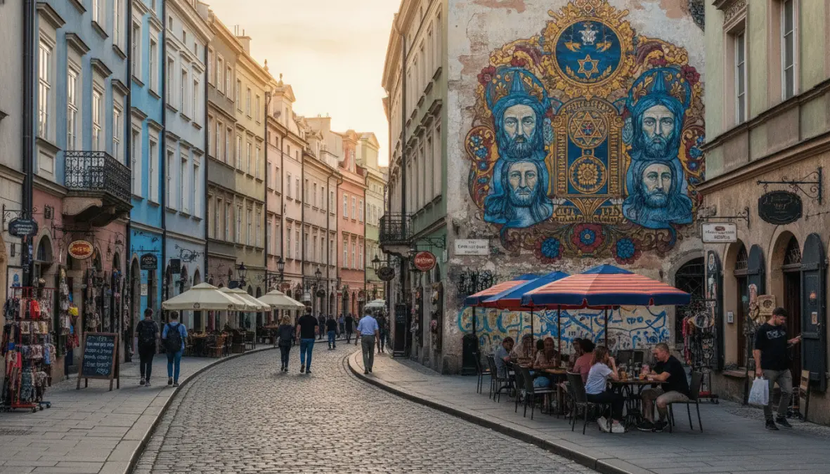 Kazimierz Jewish Quarter streets in Krakow with cafes and historic buildings, key area for Krakow day trip