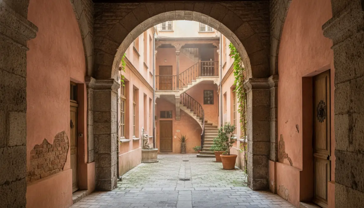 Hidden traboule passage in Vieux Lyon's Renaissance quarter