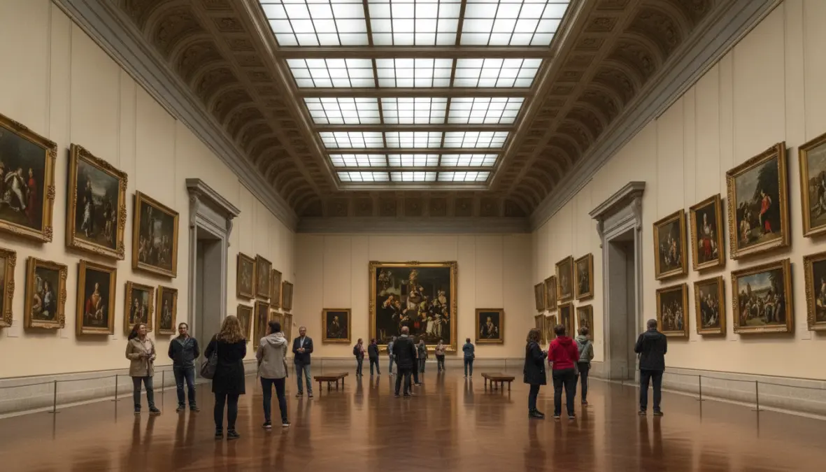 Inside the Prado Museum Madrid with visitors viewing Velazquez paintings and classic artworks