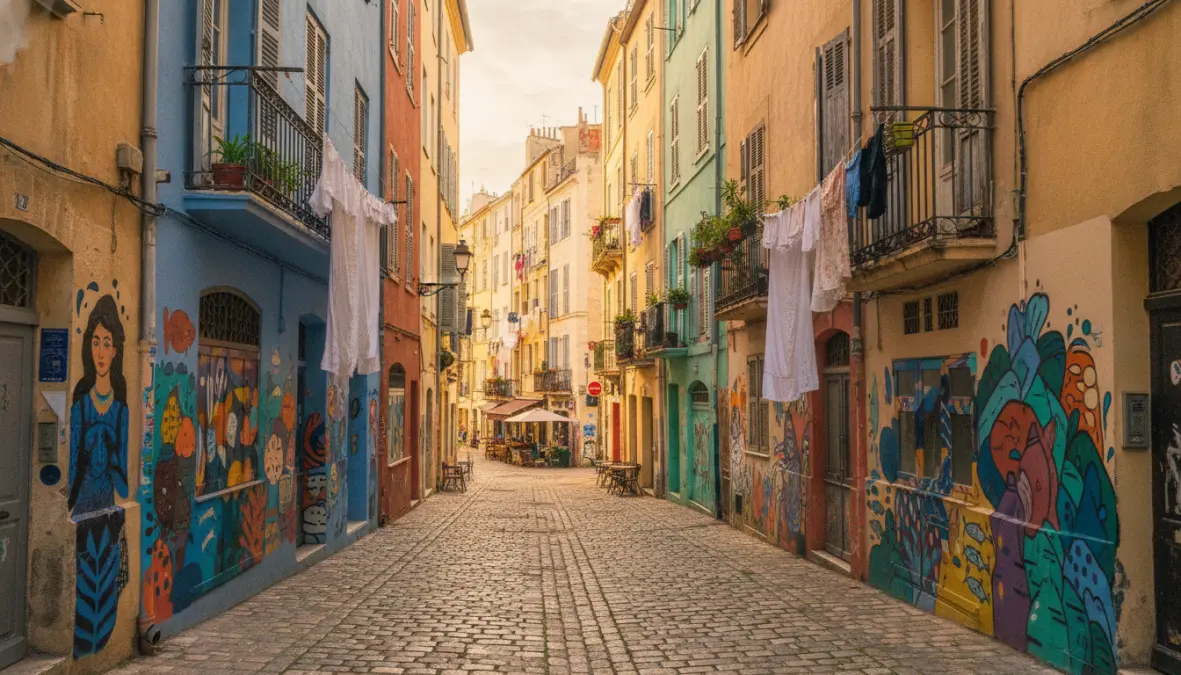 Colorful street art and pastel buildings in Le Panier historic district, Marseille