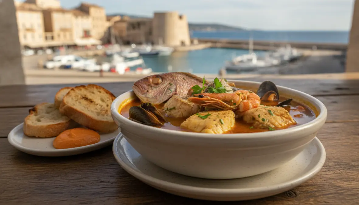 Authentic bouillabaisse Provencal fish stew served in Marseille restaurant with rouille and bread