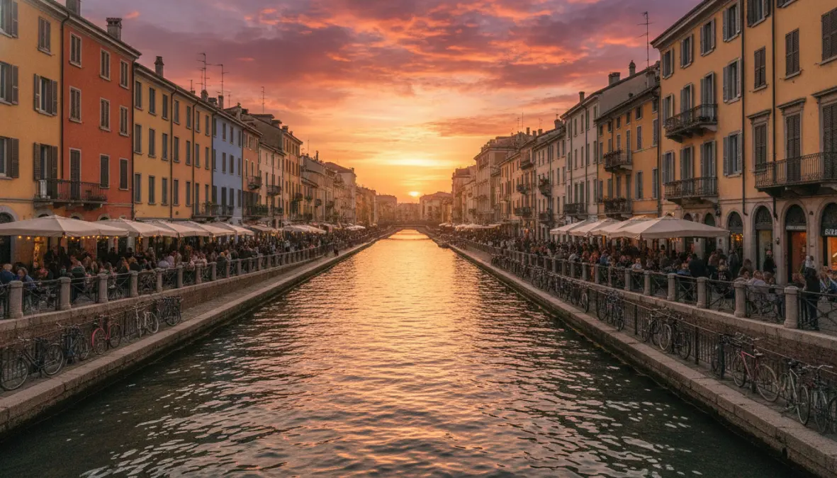 Navigli district canals at sunset with aperitivo bars, perfect evening spot for one day in Milan