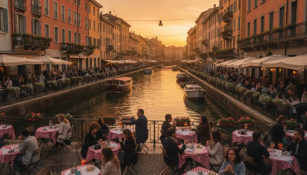 Navigli aperitivo scene along Milan canals during evening aperitivo tradition