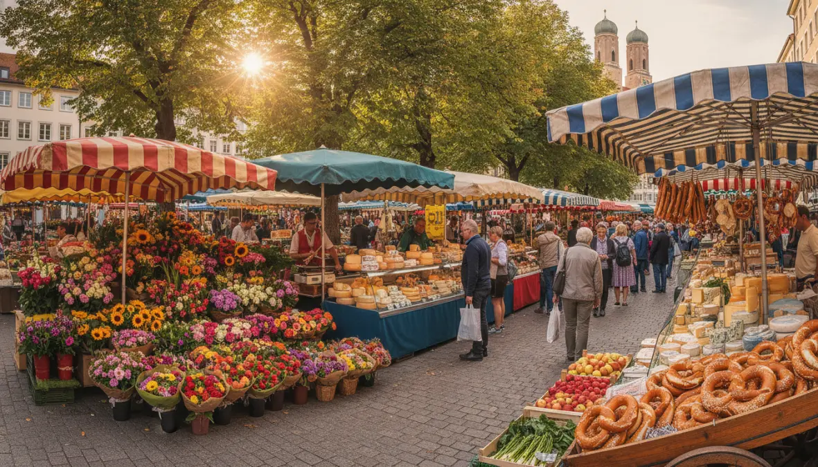 Viktualienmarkt traditional bavarian market in Munich with local food stalls and fresh produce