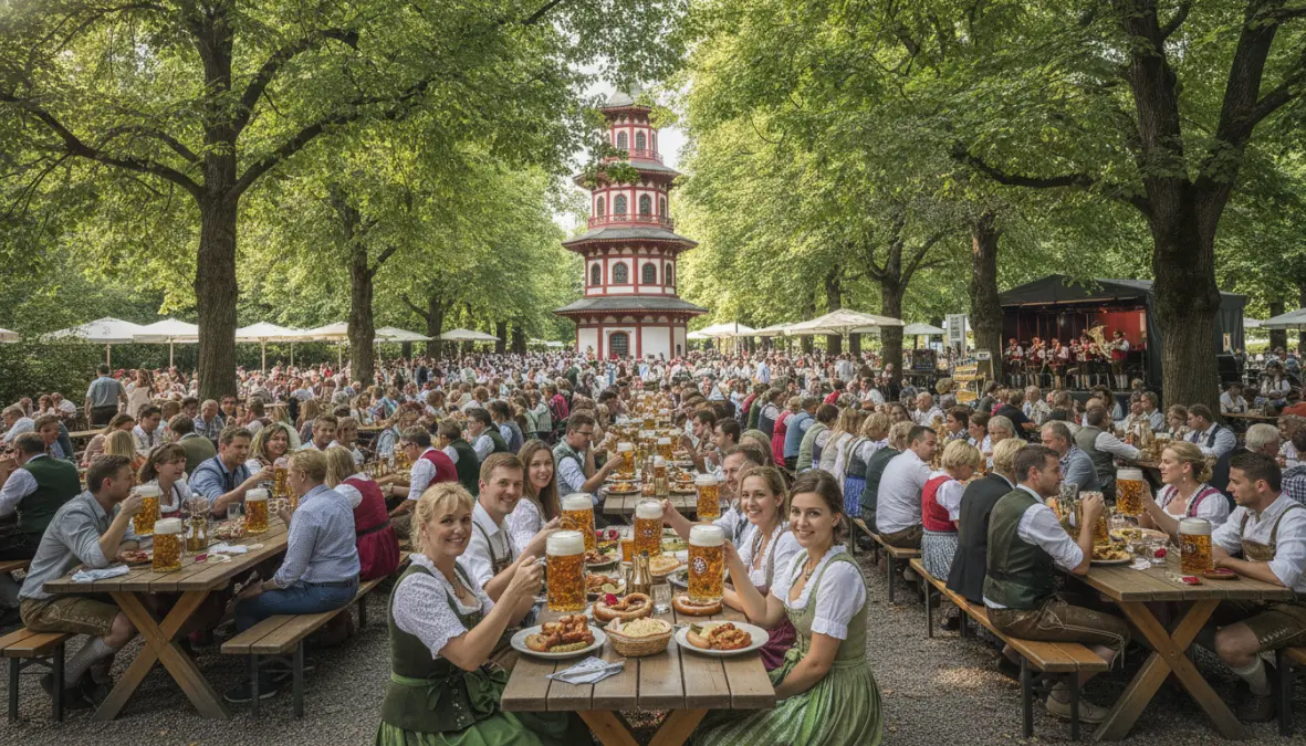 Traditional beer garden at Chinesischer Turm in Munich's Englischer Garten, essential Bavarian culture experience