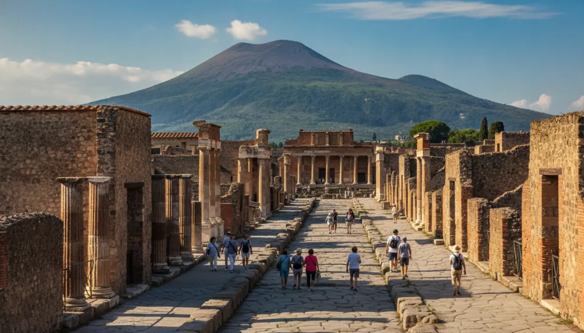 Pompeii ruins with Mount Vesuvius for day trip from Naples