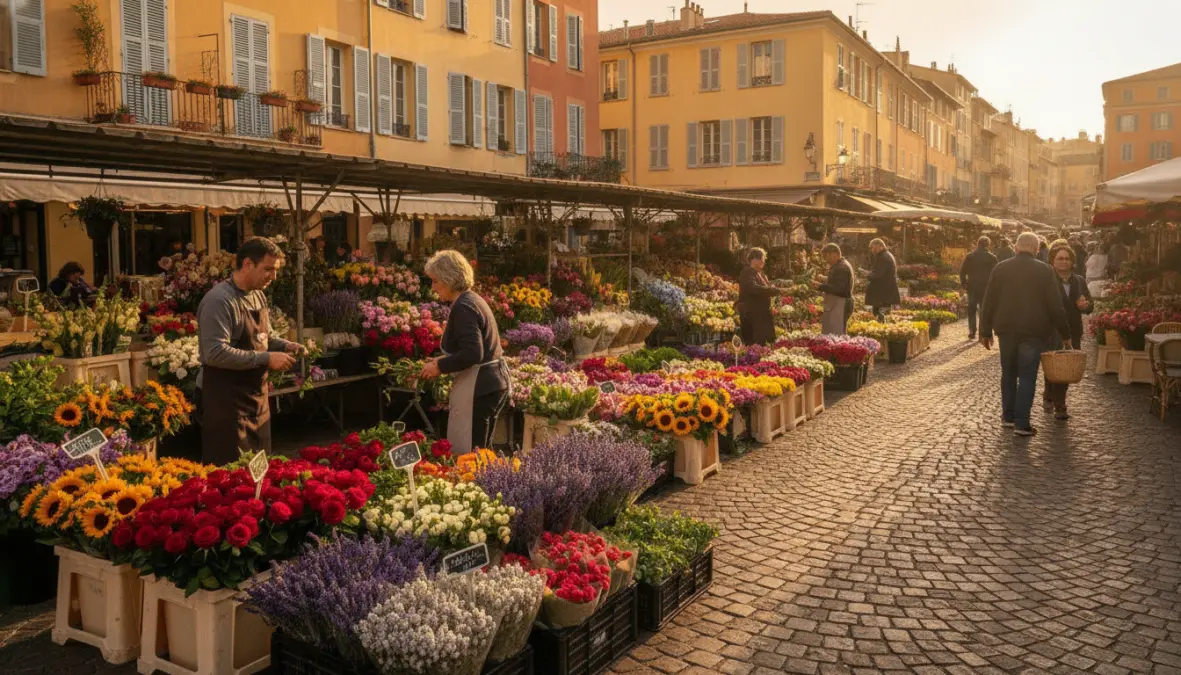 Cours Saleya market in Vieux Nice with colorful flowers and local vendors