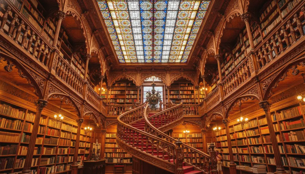 Iconic red staircase inside Livraria Lello bookstore in Porto