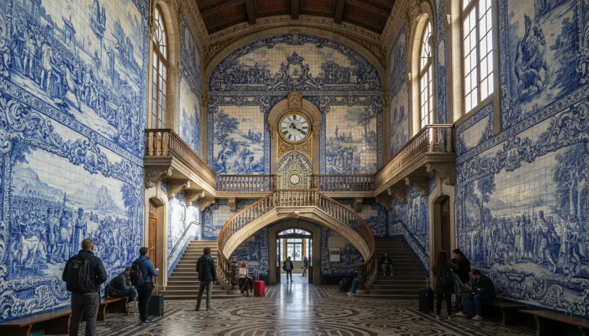 Azulejo tiles at São Bento Station showing traditional Portuguese blue ceramic artwork in Porto