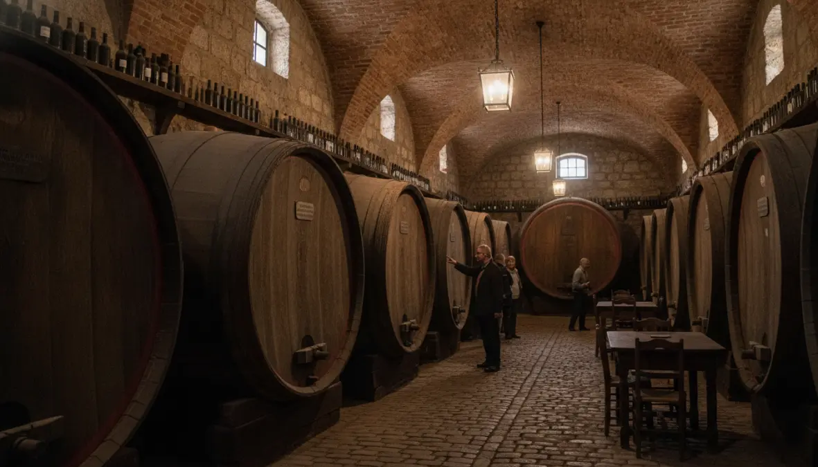 Port wine barrels in historic cellars of Vila Nova de Gaia across from Porto