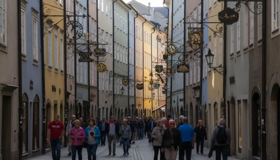 Getreidegasse street in Old Town Salzburg with traditional guild signs for Mozart walking tour
