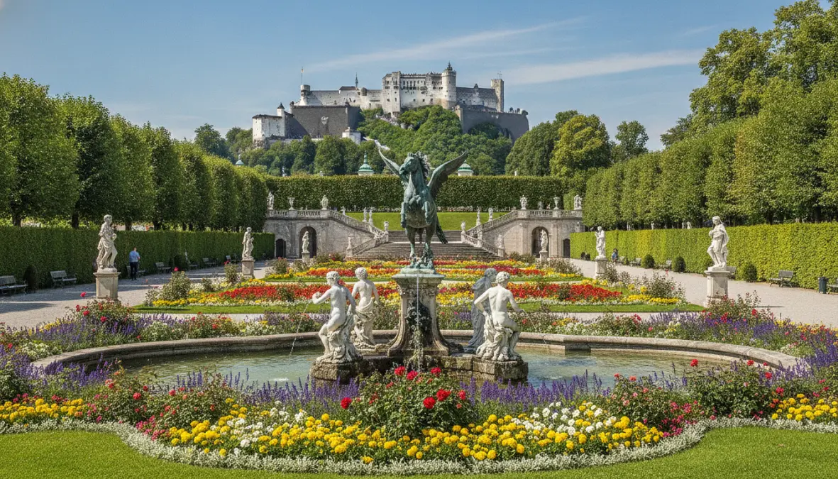 Mirabell Gardens in Salzburg with fortress view, famous Sound of Music filming location