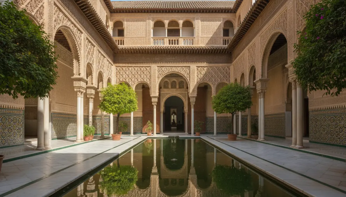 Moorish architecture of Real Alcazar Seville with intricate tilework and reflecting pool