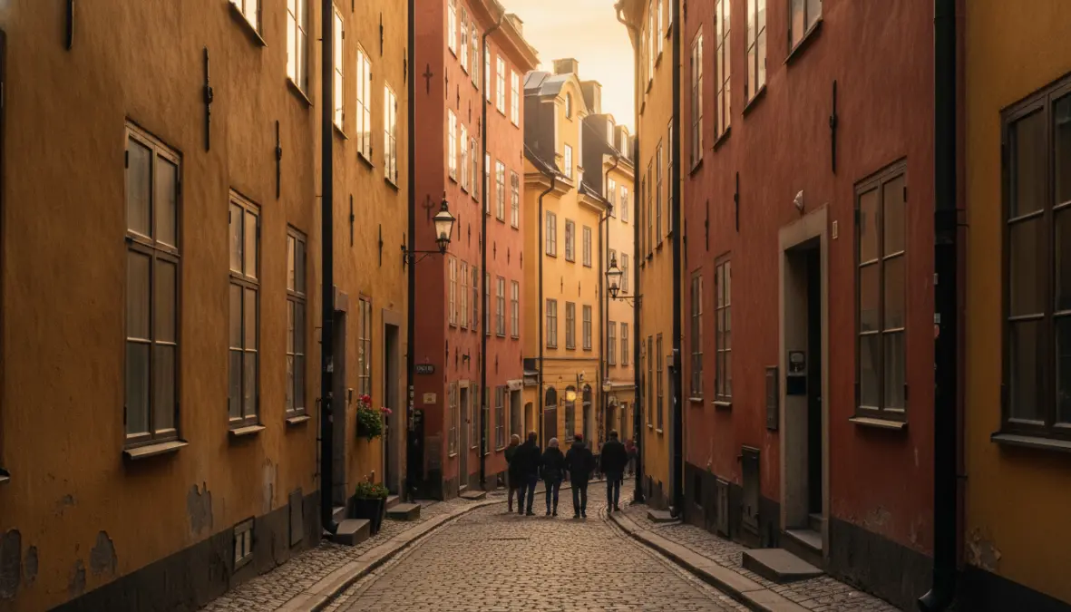 Narrow medieval street in Gamla Stan during a walking tour of Stockholm's old town