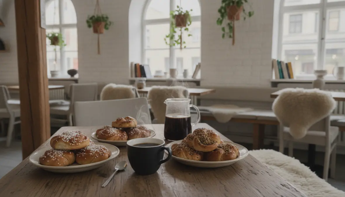 Traditional Swedish fika with cinnamon buns in Stockholm café showcasing Nordic culture and Scandinavian design