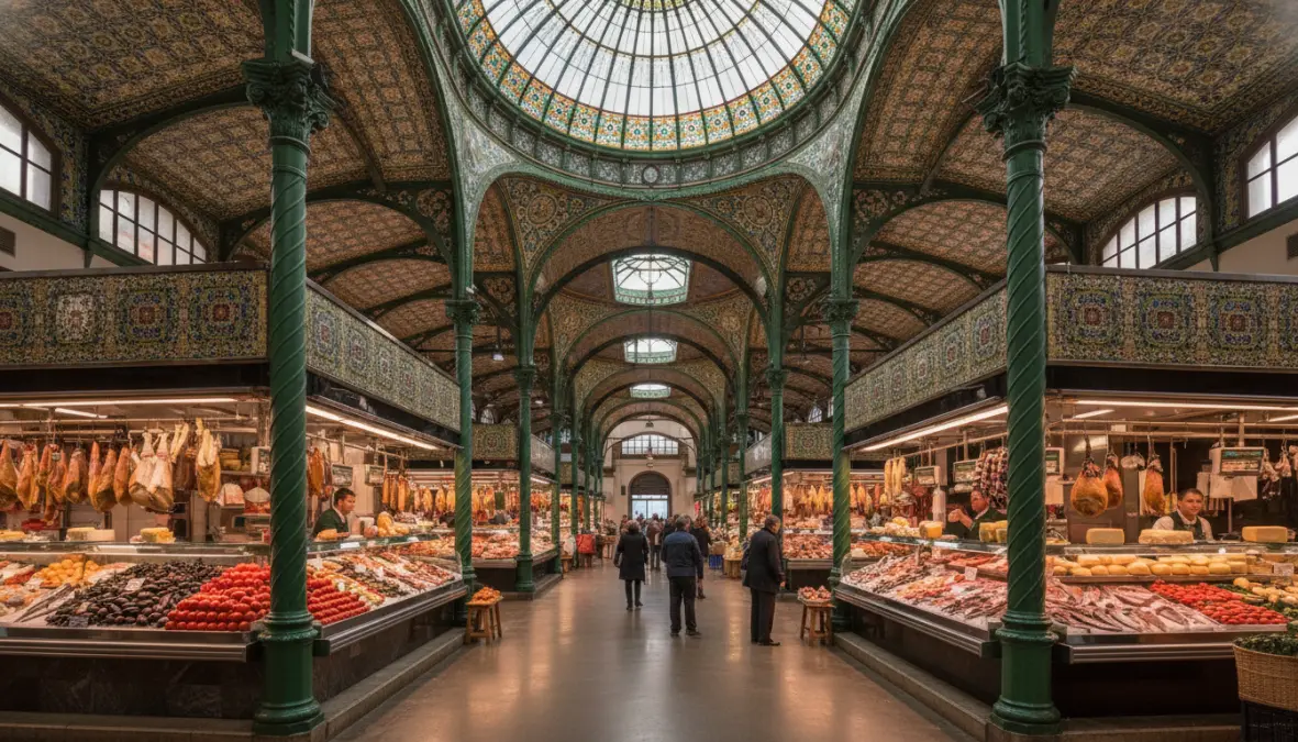 Central Market Valencia interior with fresh produce stalls and Art Nouveau architecture