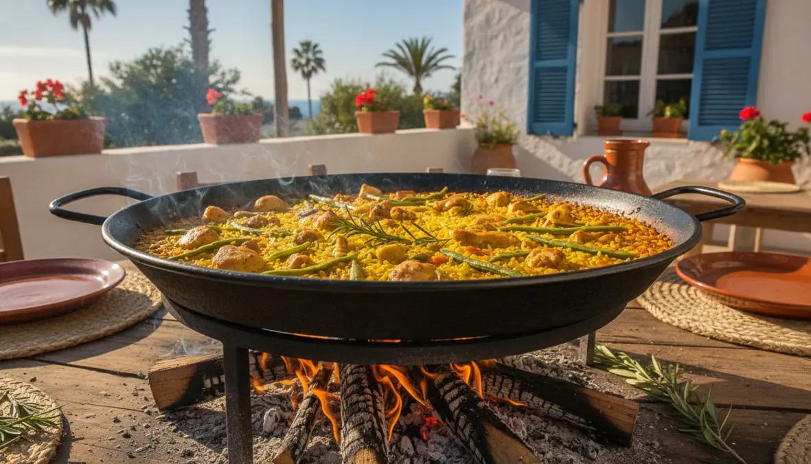 Authentic paella valenciana in traditional pan, Valencia Spain specialty dish