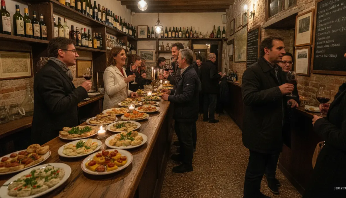 Traditional Venetian bacaro with cicchetti and wine for authentic Venice lunch experience