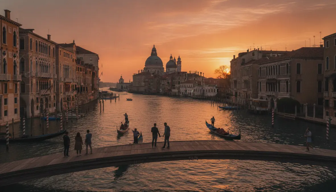 Sunset view from Accademia Bridge over Grand Canal in Venice at golden hour