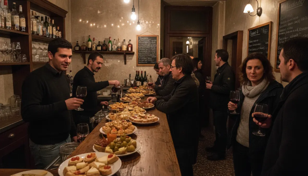 Traditional Venetian bacaro with cicchetti and locals enjoying aperitivo in authentic neighborhood bar