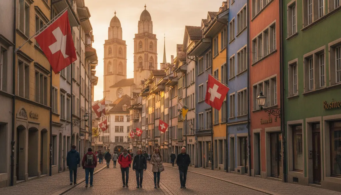 Historic cobblestone street in Zurich old town Altstadt with Grossmünster church towers