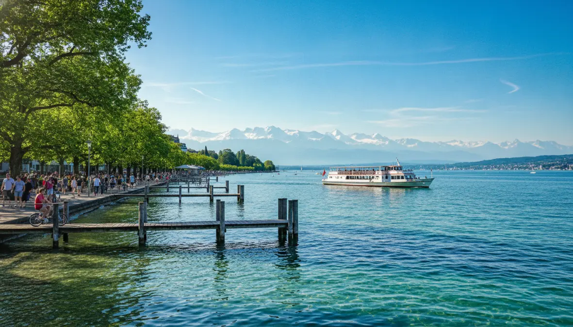 Lake Zurich waterfront with cruise boat and Swiss Alps mountain views in background