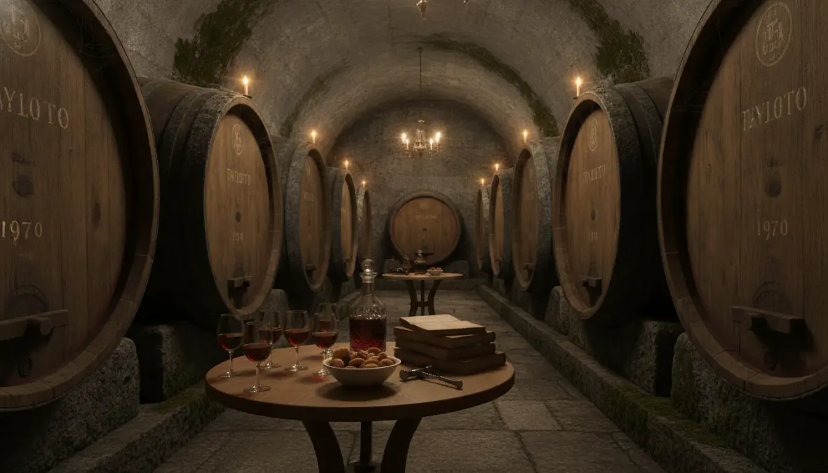 Porto wine cellars in Vila Nova de Gaia with traditional port wine barrels and tasting experience