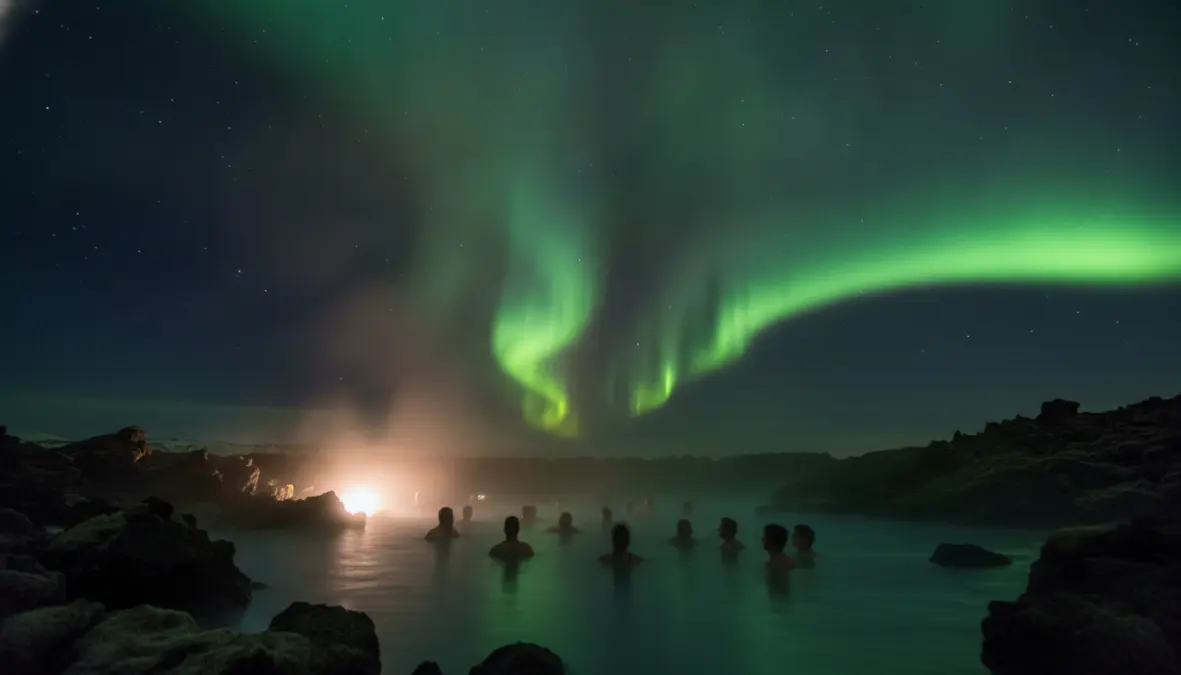 Northern lights aurora borealis over geothermal pool in Reykjavik Iceland during winter weekend