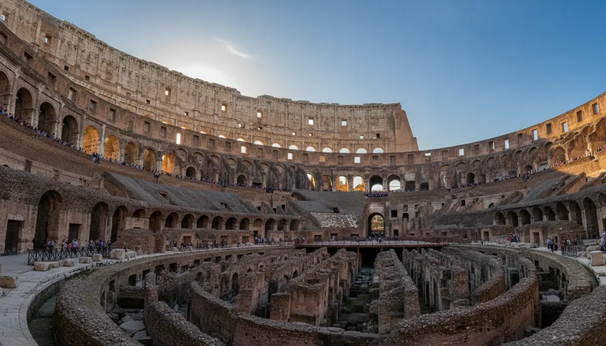 Colosseum interior view with visitors exploring the ancient Roman arena during morning hours