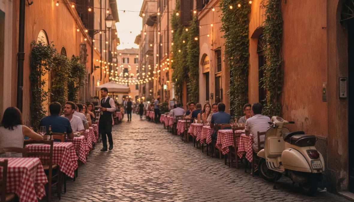 Picturesque Trastevere neighborhood street in Rome with traditional restaurants and evening atmosphere