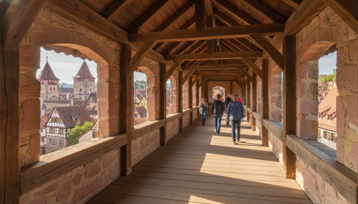 Walking along the medieval town walls in Rothenburg ob der Tauber, essential stop on any rothenburg itinerary