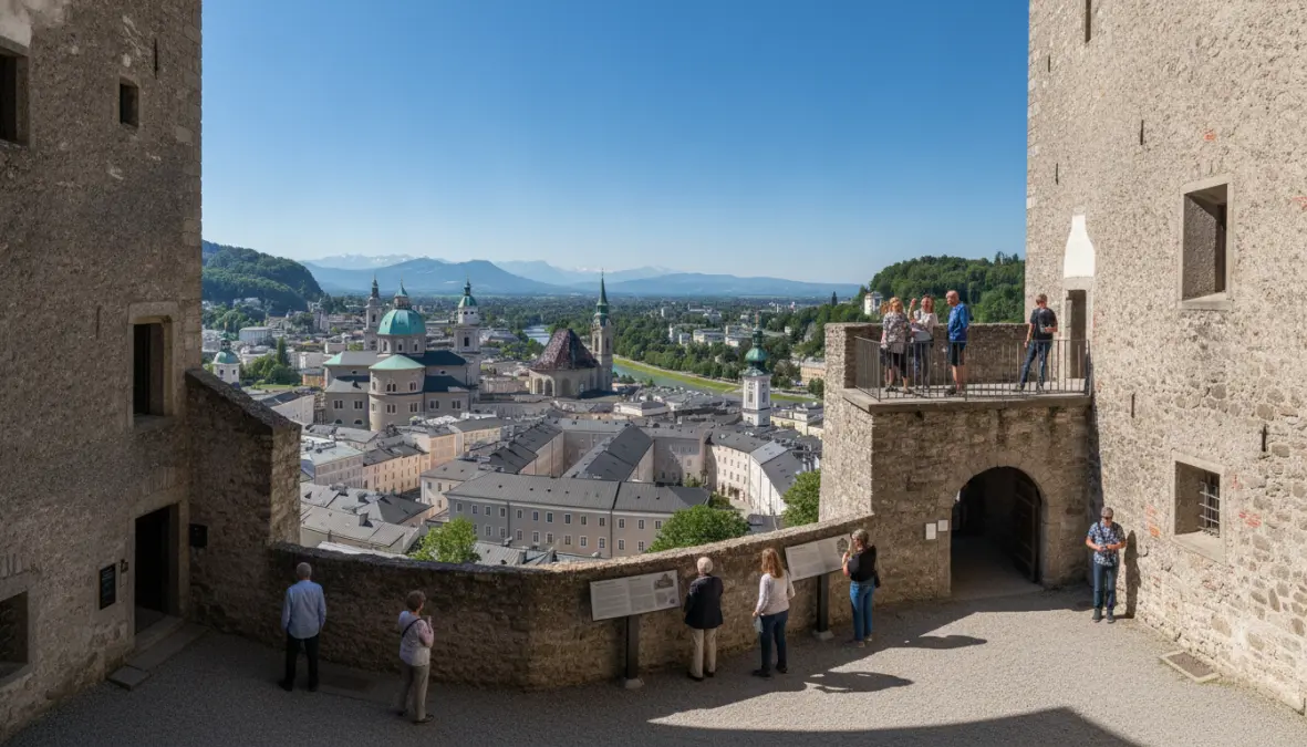 Hohensalzburg Fortress overlooking Salzburg Old Town during weekend visit