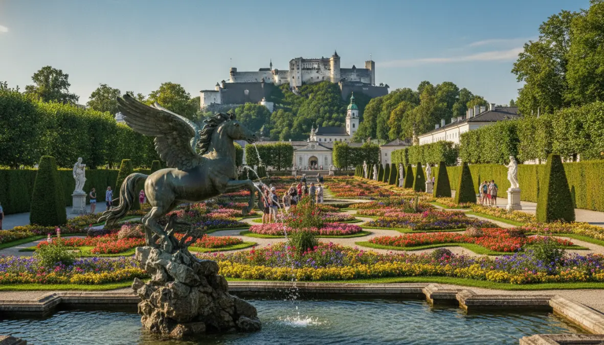 Mirabell Gardens with fountain and fortress view, Sound of Music filming location in Salzburg