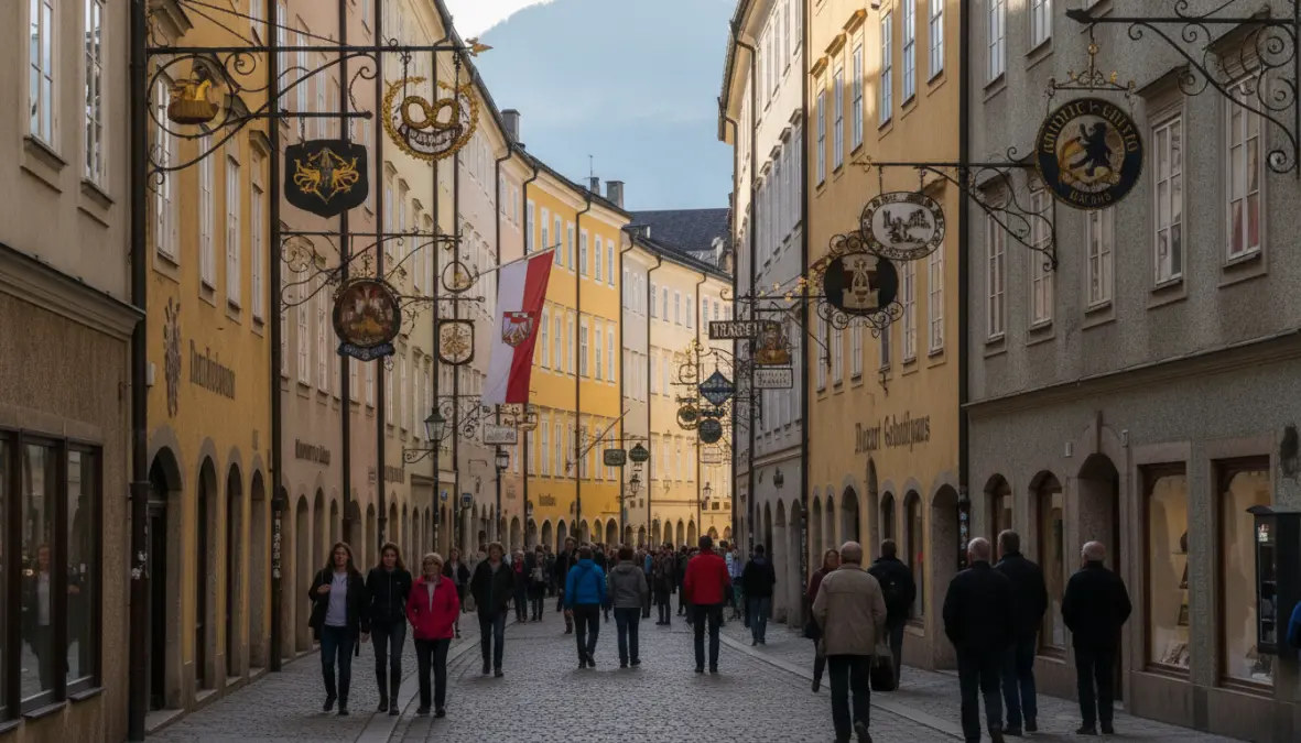 Famous Getreidegasse street with Mozart birthplace in Salzburg old town