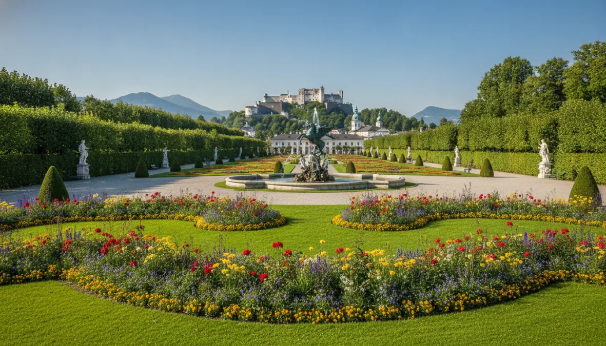 Mirabell Palace gardens with Hohensalzburg fortress view in Salzburg