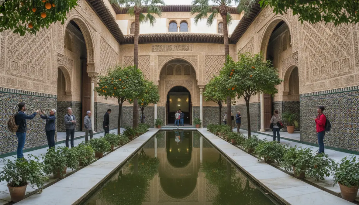 Real Alcázar palace courtyard in Seville with stunning Moorish architecture