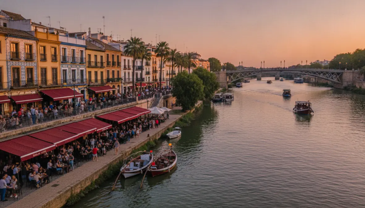 Triana neighborhood along Guadalquivir River in Seville, perfect for weekend exploration
