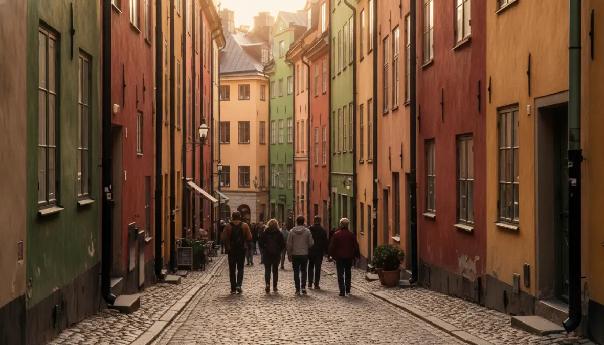 Narrow medieval street in Gamla Stan Stockholm during weekend visit