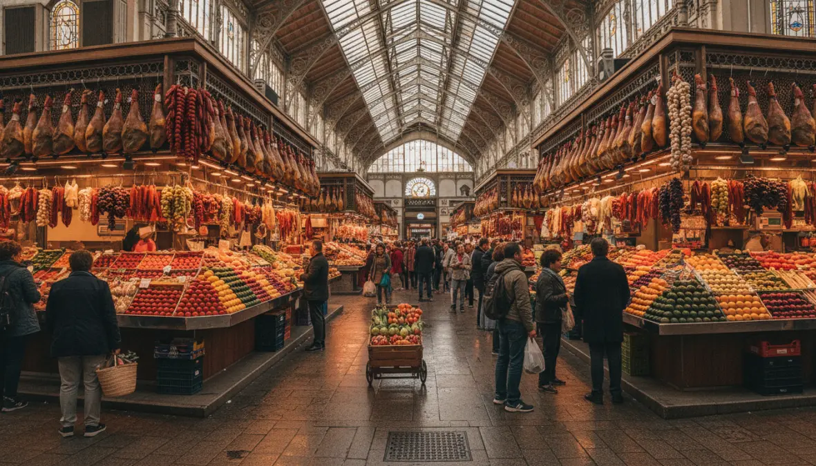 Interior of Central Market Valencia with fresh produce stalls and modernist architecture