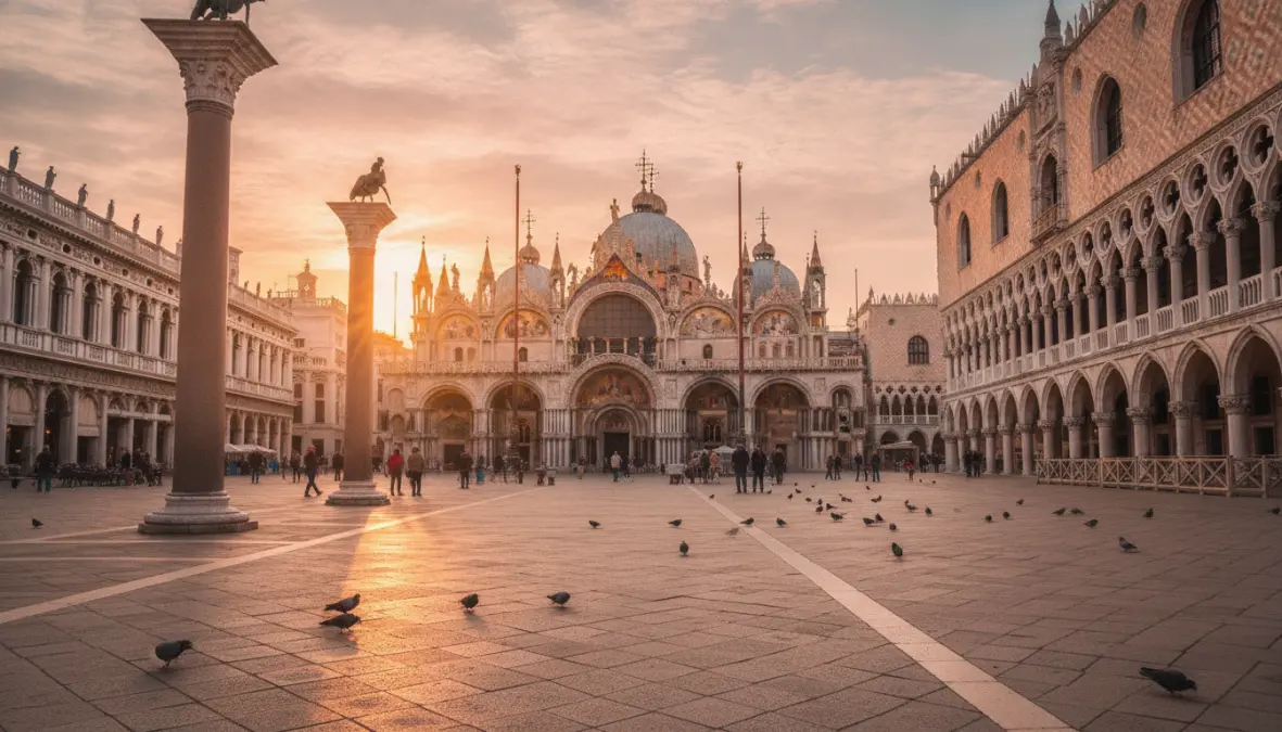 St. Mark's Square early morning with basilica and empty piazza during Venice weekend visit