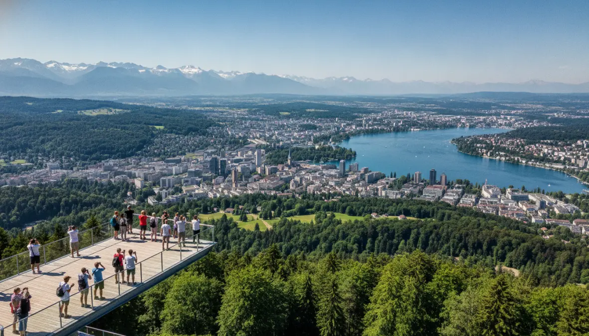 Panoramic view from Uetliberg mountain showing Lake Zurich, city and Swiss Alps beyond
